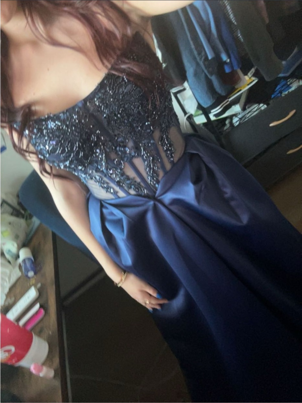 Windsor Navy Beaded Strapless Prom Gown